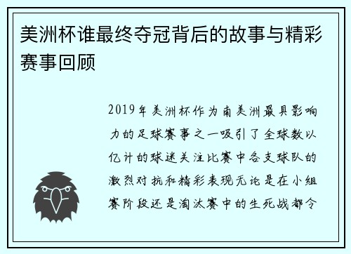 美洲杯谁最终夺冠背后的故事与精彩赛事回顾